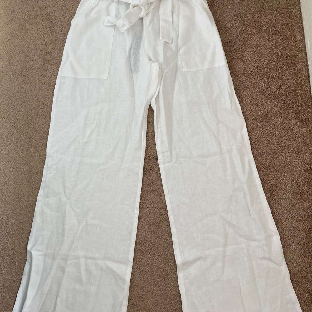 Revolve Krisa White Linen Pants with Tie Waist and Raw Edge Detail Size Small